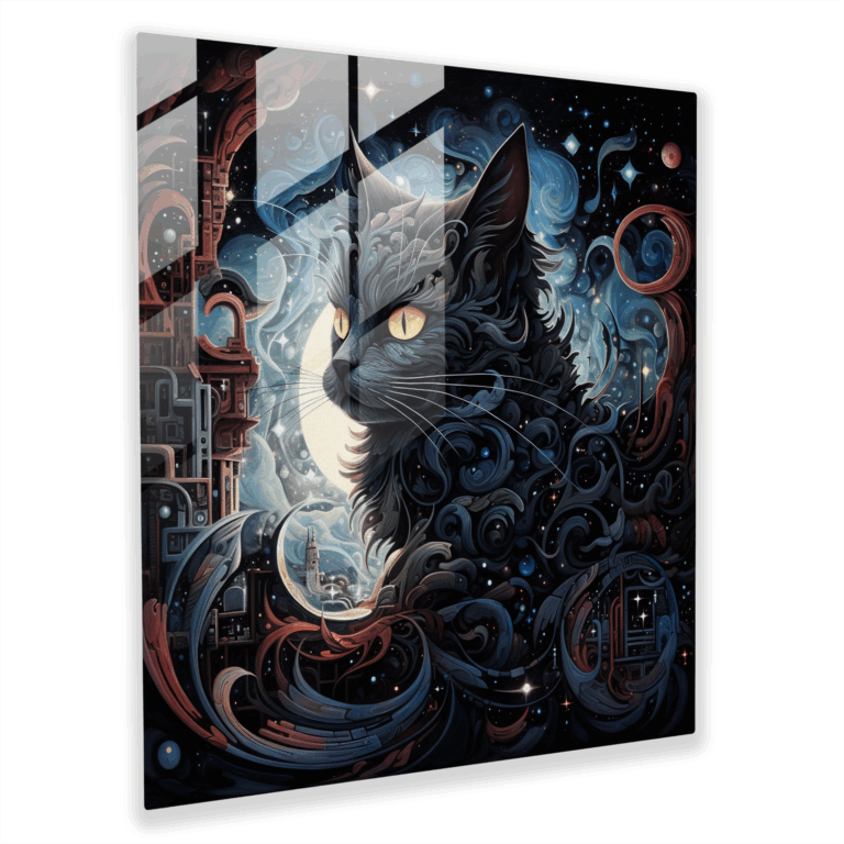 Enigmatic Fusion Glass Print: Surreal Cat in Abstract Dreamscape - Glass Wall Art, Home Decoration, Wall Decoration, Modern Art Work