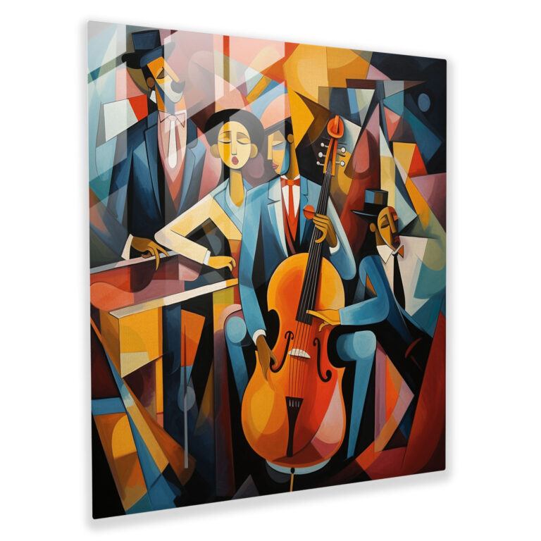 Cubist Glass Print: Lively Jazz Band, Abstract Shapes, Fragmented Forms Glass Wall Art