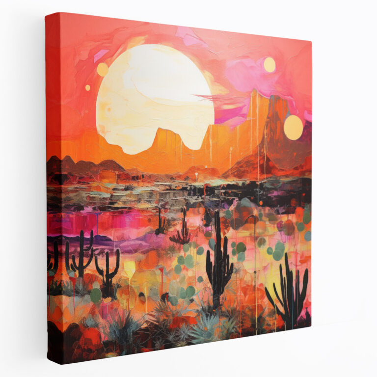 Desert Sunset Canvas Print - Desert, Cacti Silhouettes, Wall Decoration, Mountains