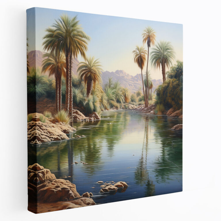 Desert Wall Decoration - Serene Desert Oasis Oil Painting Canvas Print - Desert, Wall Decoration, Palm Trees, Realistic Oil Painting
