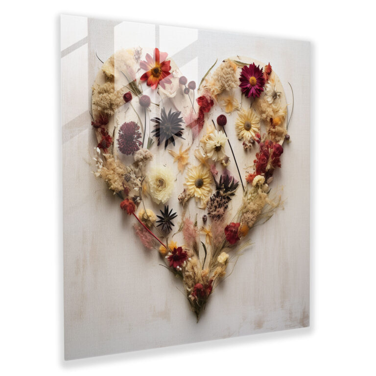 Dry Flower Glass Wall Art - Vintage Heart - Dry Flower, Collage, Pressed Flowers, Wall Decoration