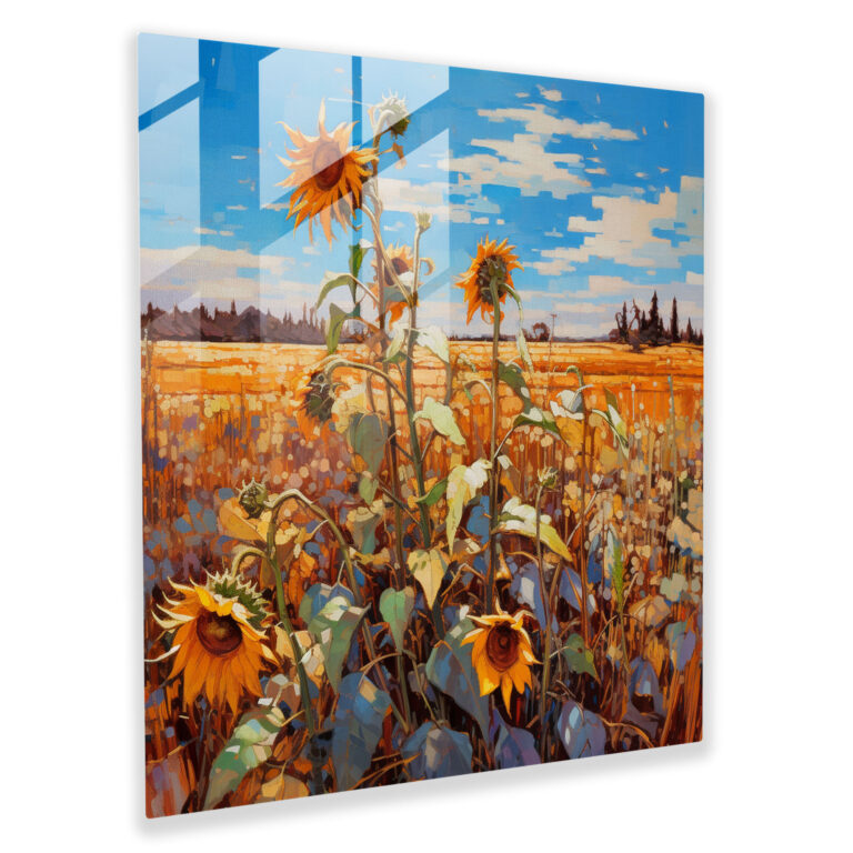 Dry Flower Glass Print - Vibrant Sunflower Field - Dry Flower, Vibrant Colors, Modern Art, Glass Art
