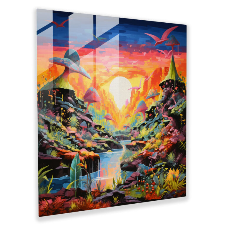 Mesmerizing Glass Print of Colorful Modern Abstract Dinosaur Scene by Gabriel Smith