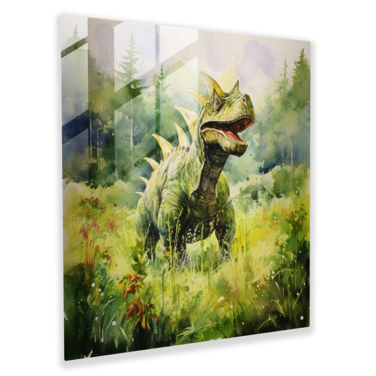 Graceful Glass Print of Tranquil Dinosaur in Watercolor Landscape