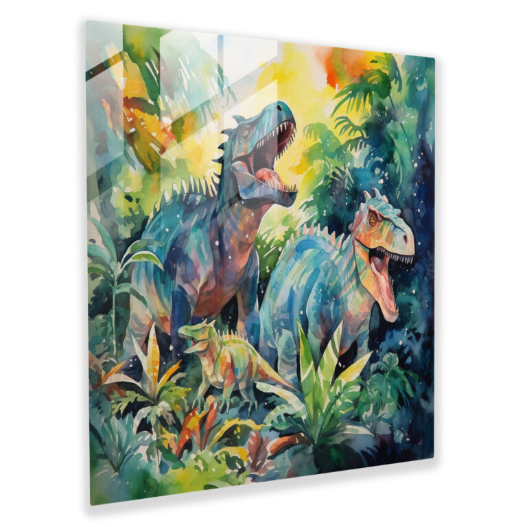 Exquisite Abstract Watercolor Glass Print Wall Art - Vibrant Jungle Dinosaur Herd
