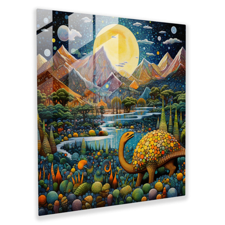 Fantastical Landscape Glass Print Wall Art - Pointillism Masterpiece with Hidden Dinosaurs