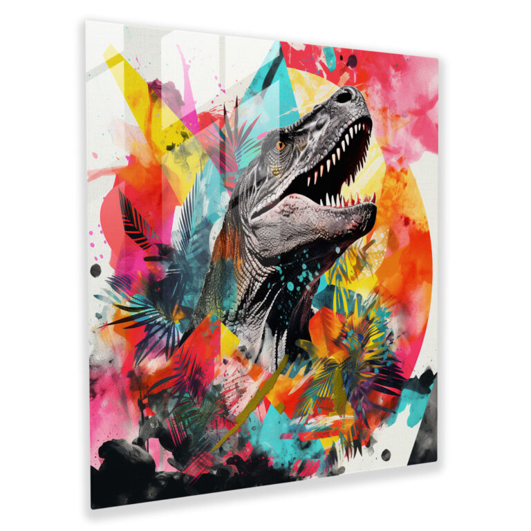 Dynamic Fusion Glass Print Wall Art - Abstract Collage with Dinosaur Silhouettes