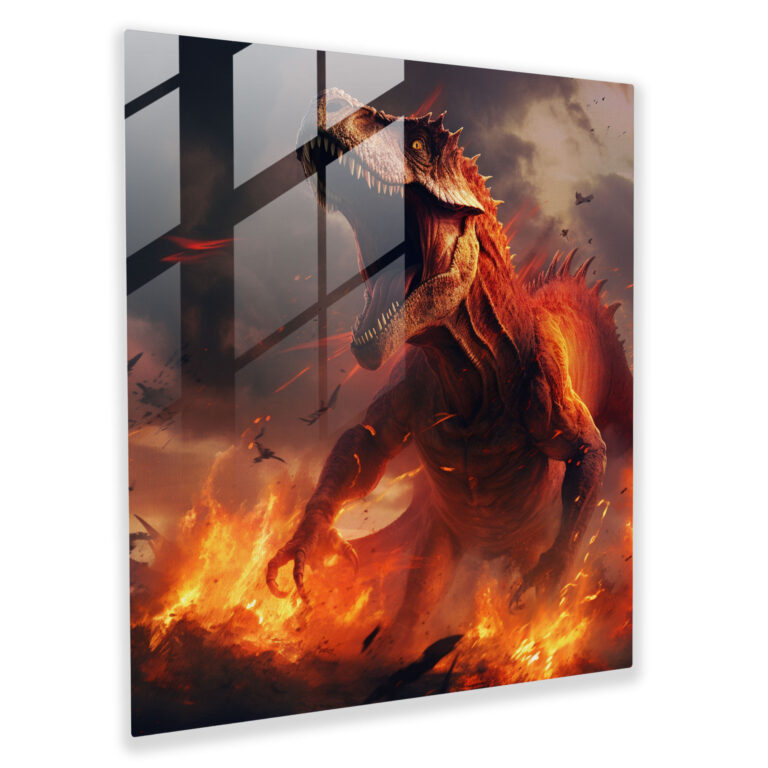 Captivating Glass Print - Fiery Dinosaur Frenzy in Digital Art Form - Glass Wall Art