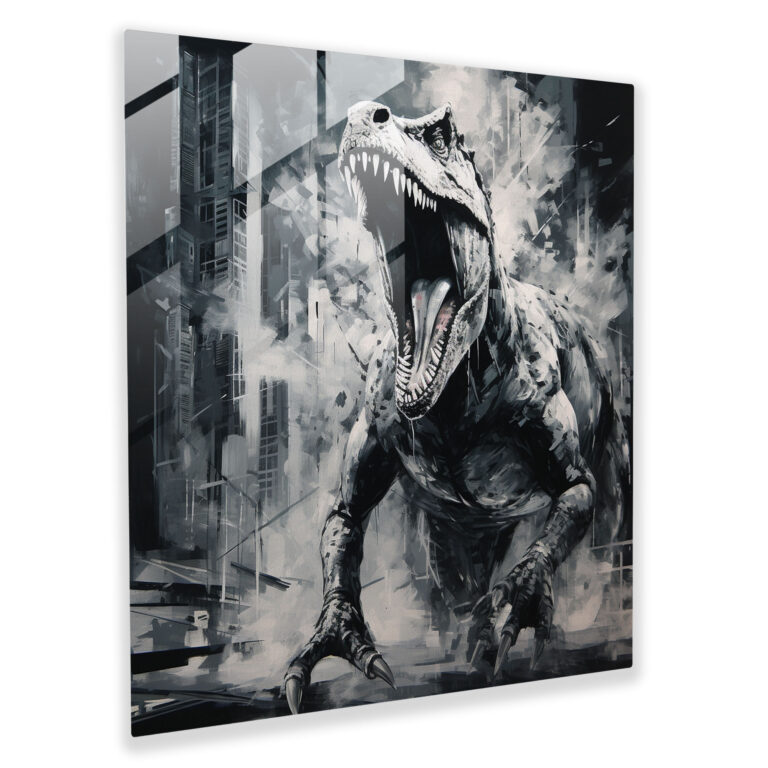 Futuristic Monochromatic T-Rex Roaring Glass Print Wall Art