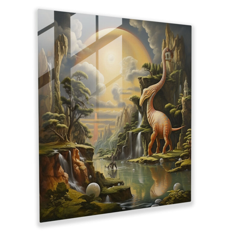 Enigmatic Surrealism Glass Print - Dinosaur in Dreamland