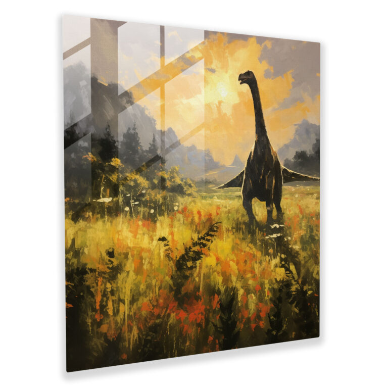 Serene Impressionism Glass Print - Dinosaur in Sunlit Meadow