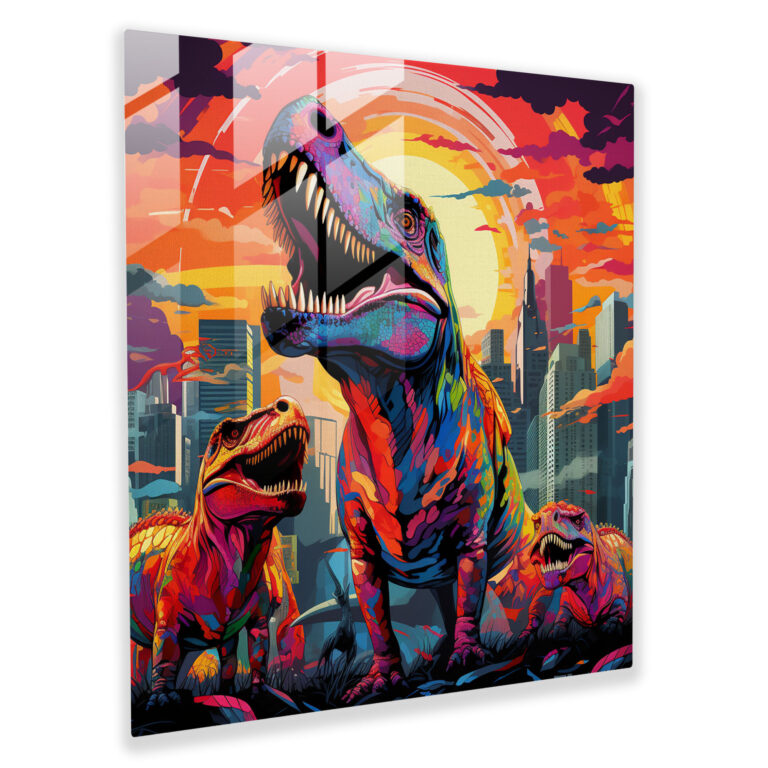 Dynamic Collage Glass Print - Radiant Dinosaur Cityscape - Glass Wall Art