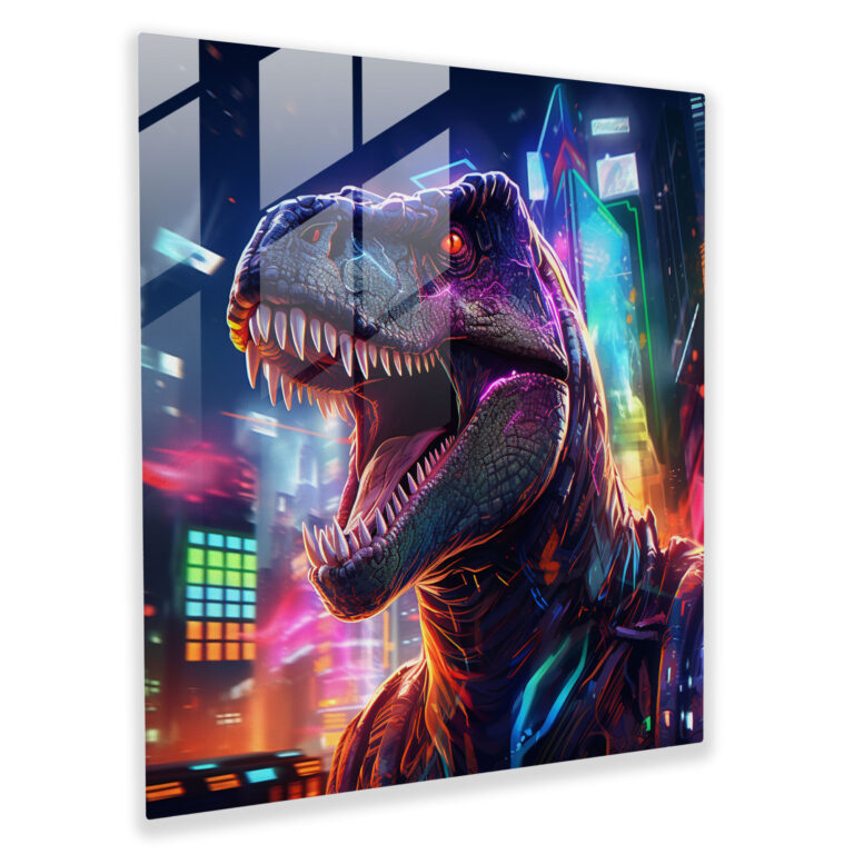 Mesmerizing Futuristic Glass Print of Robotic Dinosaur - Cutting-Edge Wall Decor