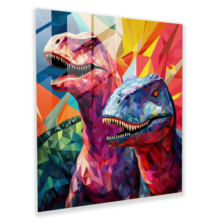 Vibrant Geometric Glass Print of Dinosaur Mosaic - Eye-Catching Wall Decoration