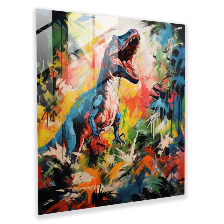 Bold Abstract Glass Print of Dinosaurs in Vibrant Jungle - Striking Home Decor