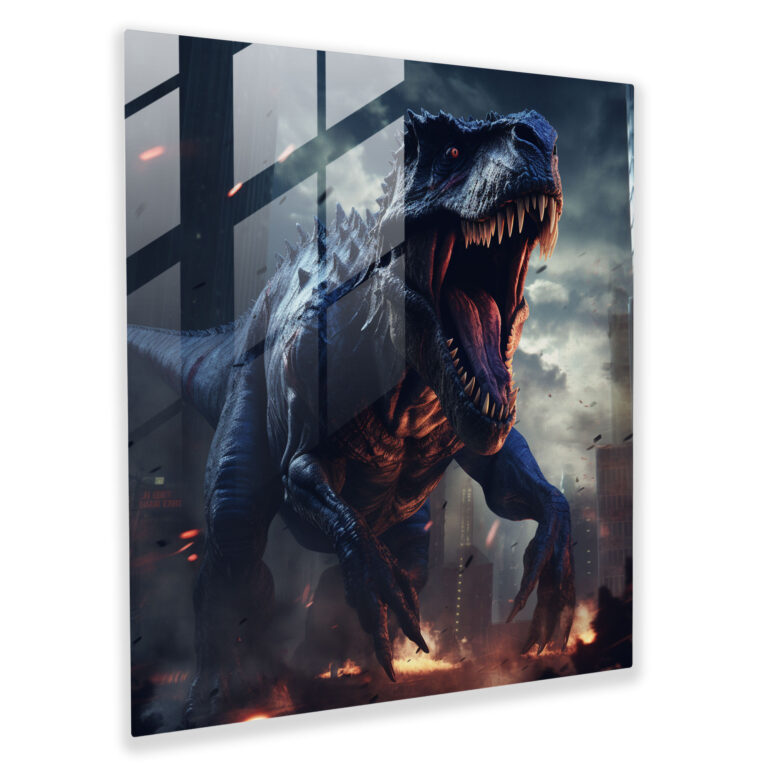 Exquisite Glass Print - Fierce T-Rex in Futuristic City Glass Wall Art - Striking Home Decoration