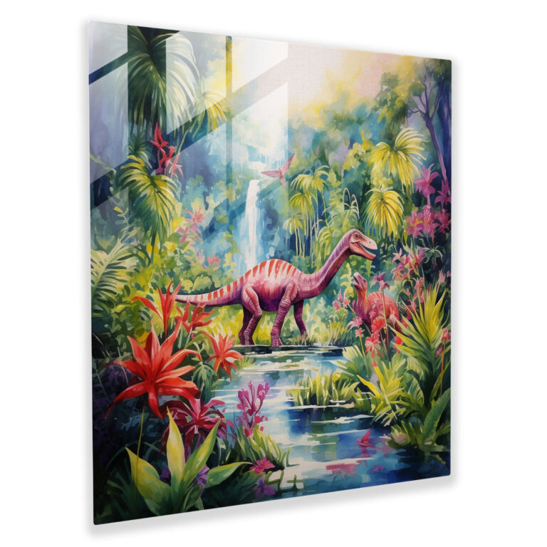 Whimsical Glass Print - Dinosaurs in Tropical Forest Glass Wall Art - Dreamy Home Decoration