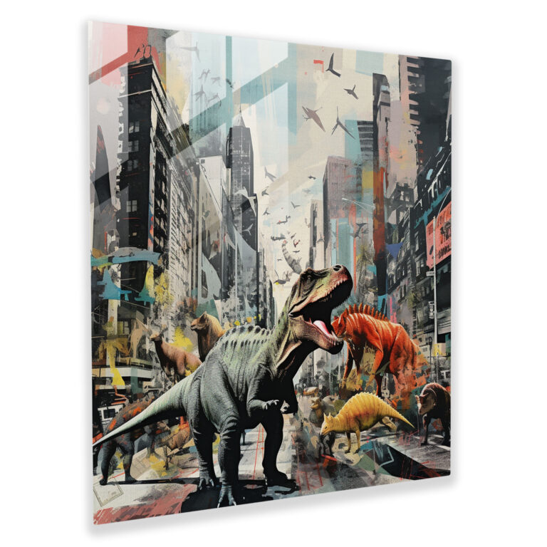 Contemporary Glass Print: Urban Dino Collage