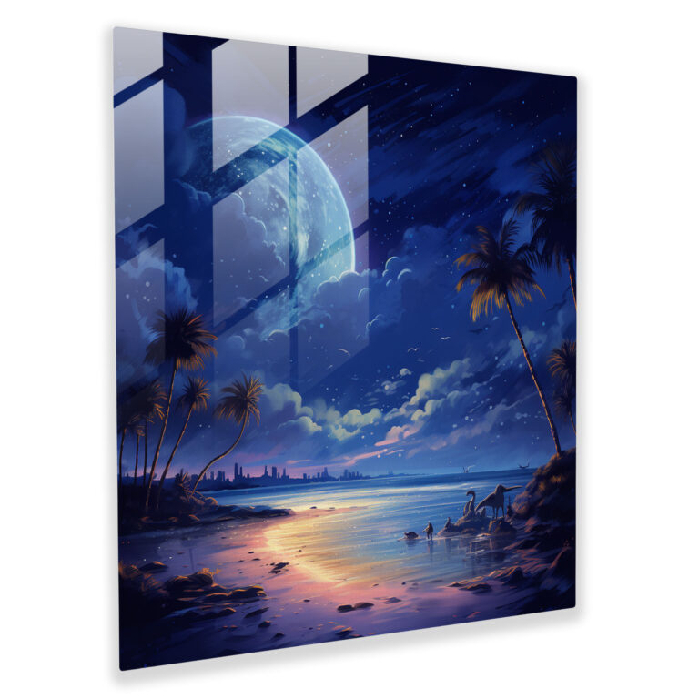 Romantic Glass Print: Moonlit Dino Beach