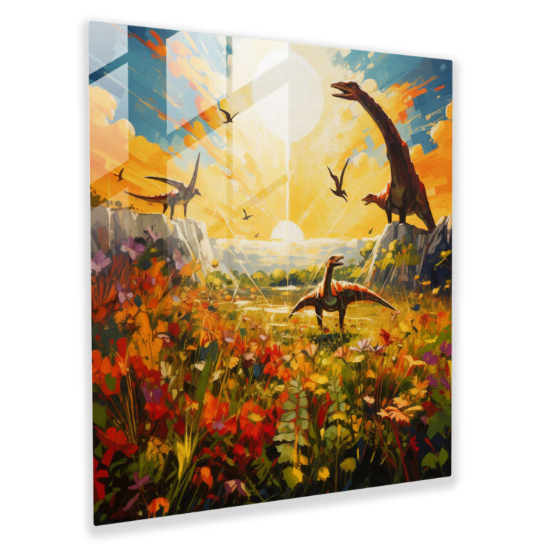 Mesmerizing Glass Print: Dazzling Dinosaur Parade on Modern Artwork
