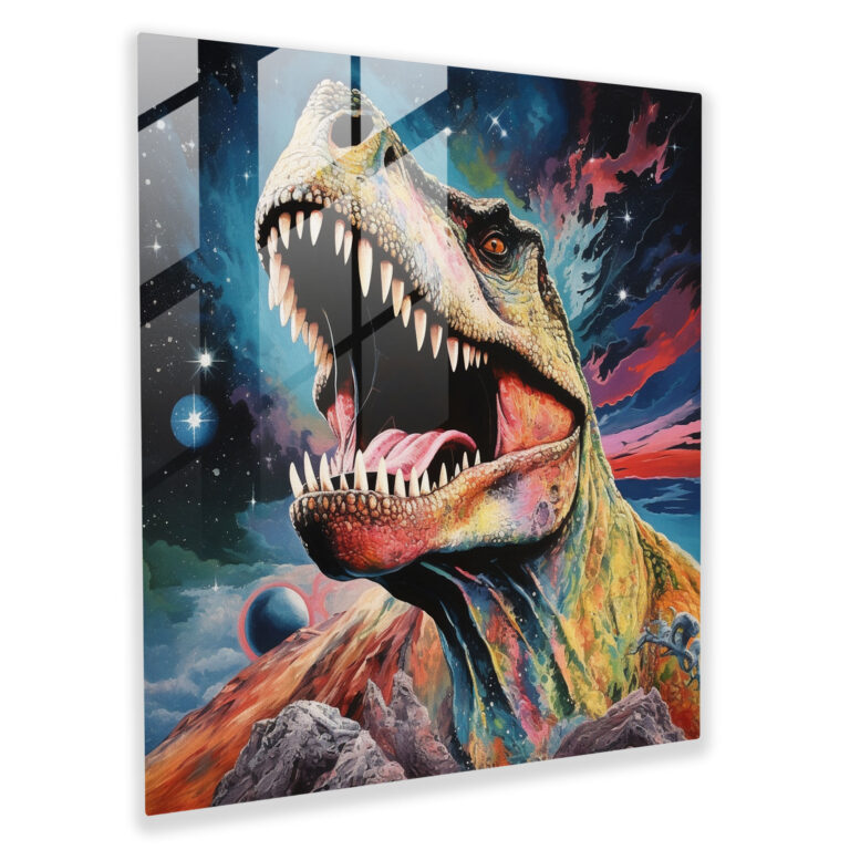 Intricate Glass Print: Majestic T-Rex on Surreal Cosmic Glass Wall Art