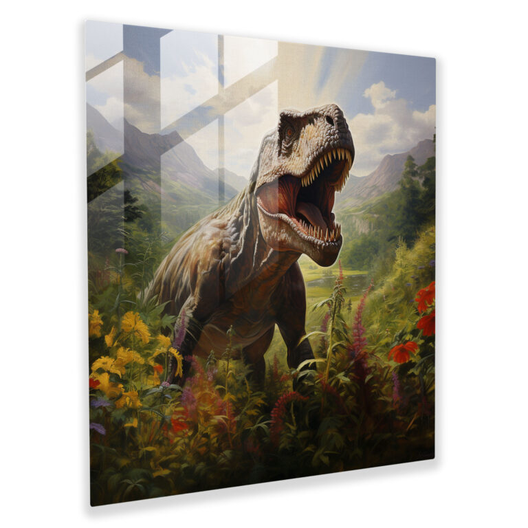 Striking Glass Print: Majestic T-Rex in Realistic Oil Painting Glass Wall Art