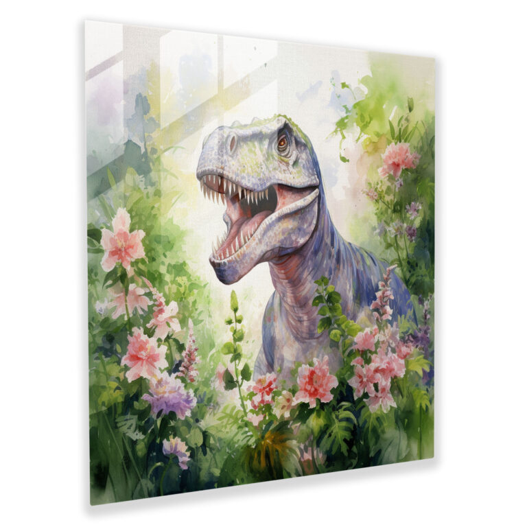 Whimsical Glass Print: Gentle Herbivorous Dinosaur on Watercolor Glass Wall Art