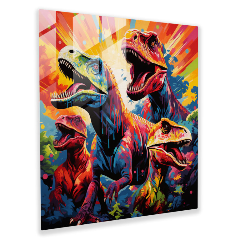 Eye-Catching Glass Print: Multicolored Pop Art Dinosaurs on Glass Wall Art
