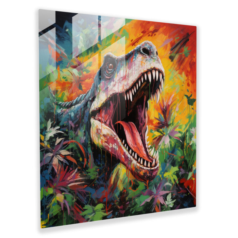 Spectacular Spectrum Glass Print - Abstract Acrylic T-Rex Roaring in Vibrant Jungle - Modern Artwork Glass Wall Art