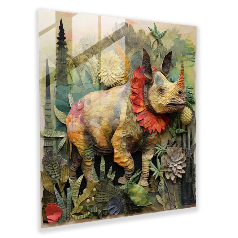 Whimsical Wonder Glass Print - Mixed Media Collage of Playful Triceratops in Lush Forest - Wall Decor Art