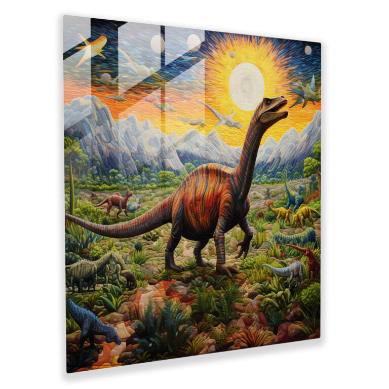 Prehistoric Panorama Glass Print - Pointillism Masterpiece of Detailed Dinosaur Landscape - Glass Wall Art Decor