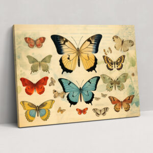 Vintage Butterflies Wall Decoration - Dried Butterflies, Butterfly Illustrations, Canvas, Antique Effect