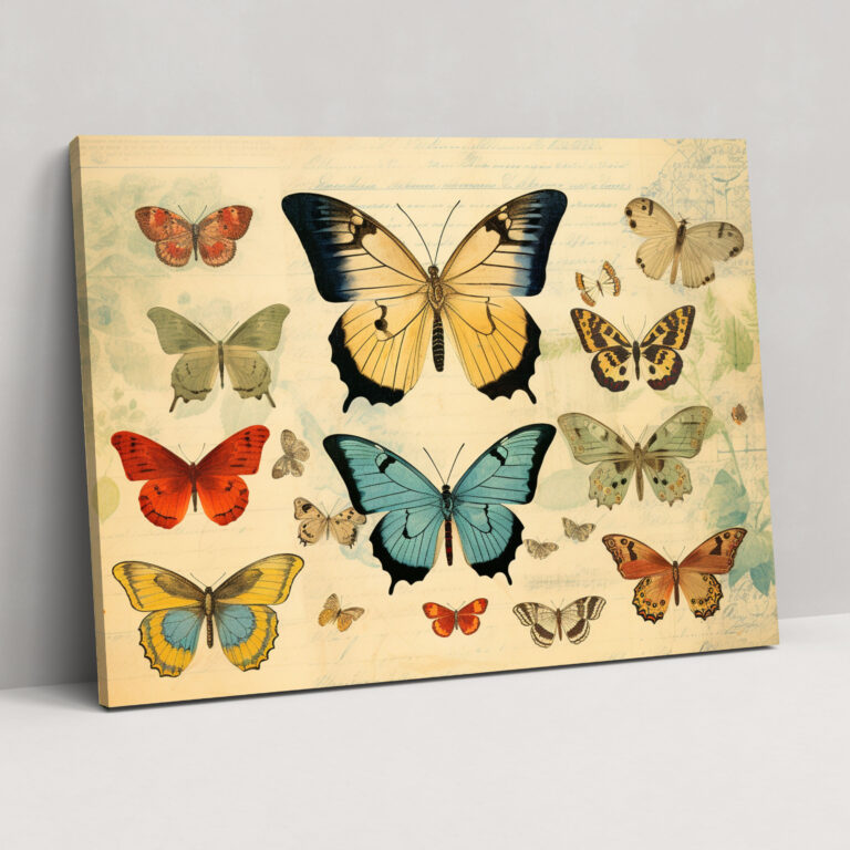 Vintage Butterflies Wall Decoration - Dried Butterflies, Butterfly Illustrations, Canvas, Antique Effect