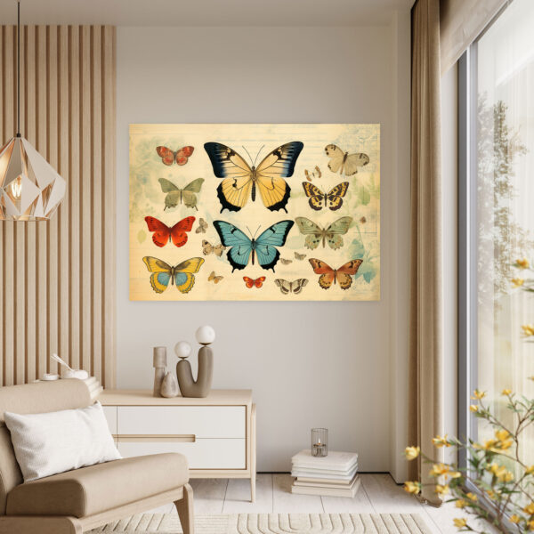 Vintage Butterflies Wall Decoration - Dried Butterflies, Butterfly Illustrations, Canvas, Antique Effect - Image 3