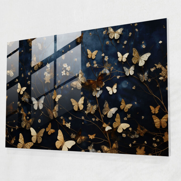 Dried Butterflies Celestial Glass Print - Dried Butterflies, Dried Butterflies Photorealistic Collection, Midnight Sky, Home Decoration
