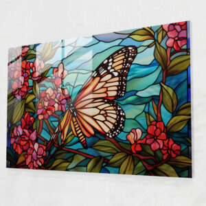 Butterflies Stained Glass Wall Art - Dried Butterflies, Vibrant Colors, Modern Art, Blooming Flower