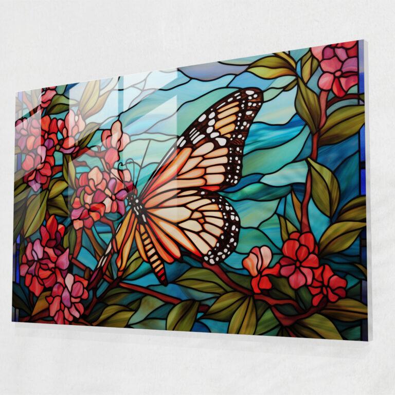 Butterflies Stained Glass Wall Art - Dried Butterflies, Vibrant Colors, Modern Art, Blooming Flower