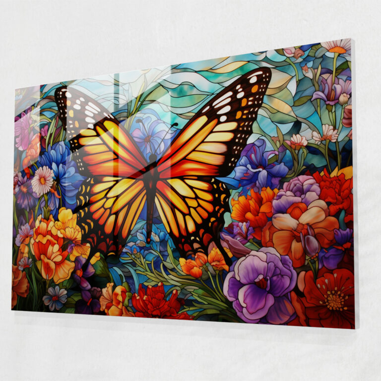 Stained Glass Butterfly Wall Art - Dried Butterflies, Modern Art, Stained Glass Design, Blooming Flowers