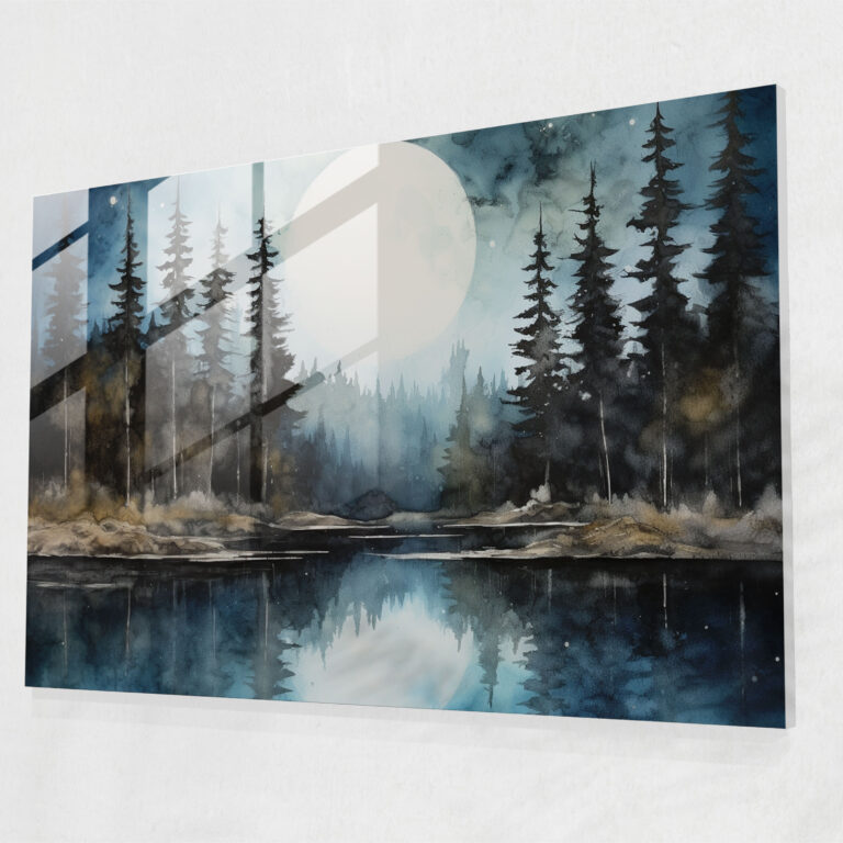 Moonlit Lake Glass Print - Earth, Abstract Painting, Serene Lake, Wall Decoration