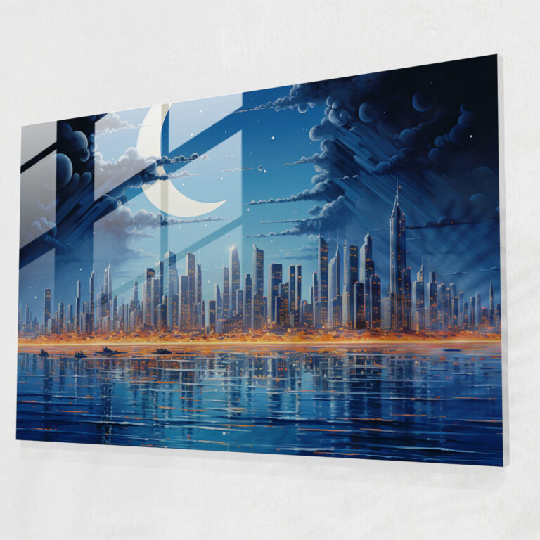Moon Wall Decoration - Earth, Towering Skyscrapers, Modern Art, Glass Wall Art