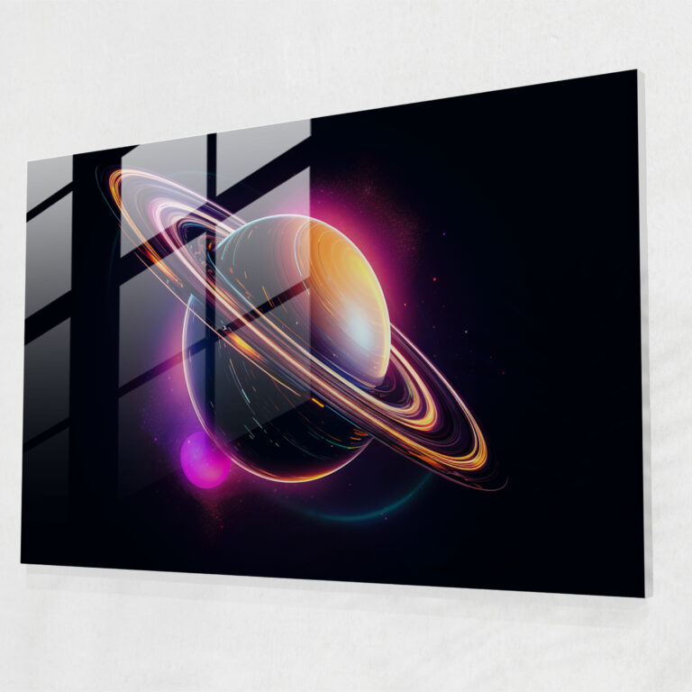 Saturn Neon Glass Print - Earth, Glass Wall Art, Glass Art, Glass Print
