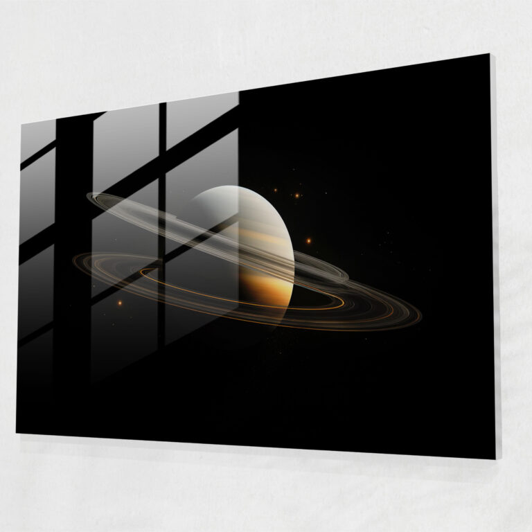 Saturn Minimalistic Glass Print - Earth, Wall Decoration, Saturn, Black Background