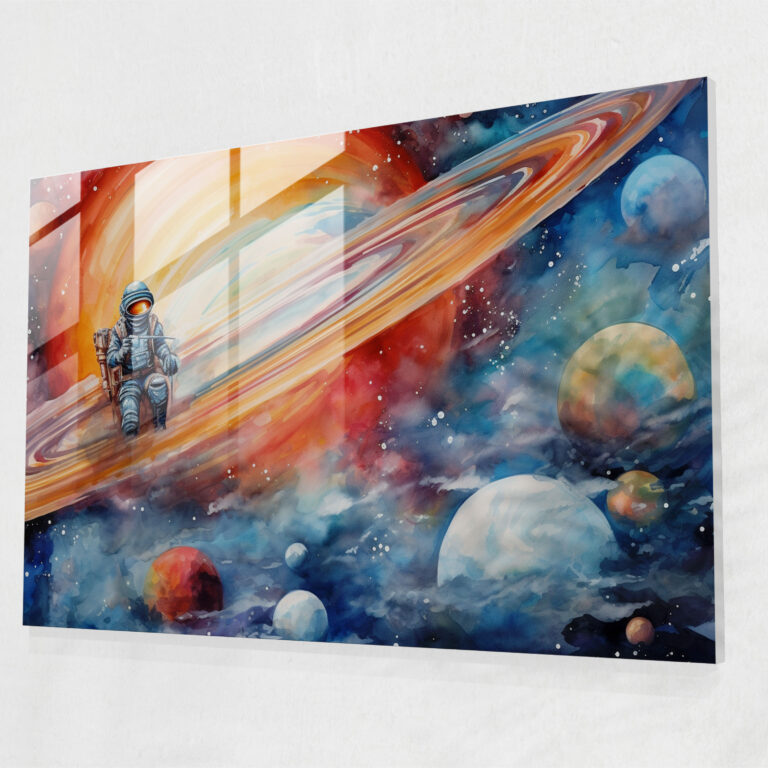 Saturn Glass Print - Astronaut Floating In Space - Earth, Astronaut, Saturn, Wall Decoration
