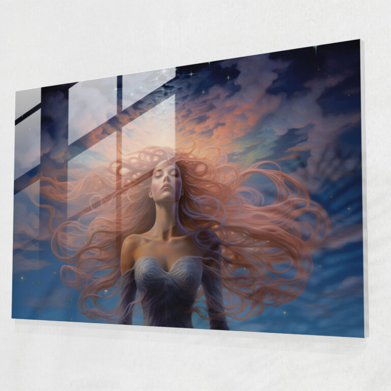 Saturn Glass Print - Surreal Woman On Saturn - Earth, Wall Decoration, Saturn, Ethereal Clouds