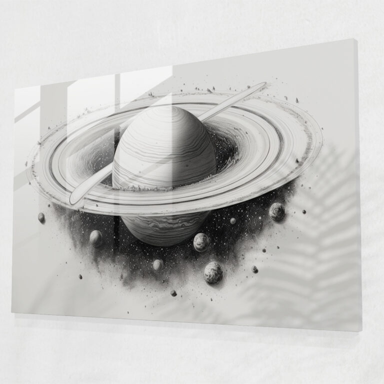 Saturn Glass Print - Monochromatic Ink Drawing - Earth, Glass Wall Art, Monochromatic Ink Drawing, Detailed Illustration