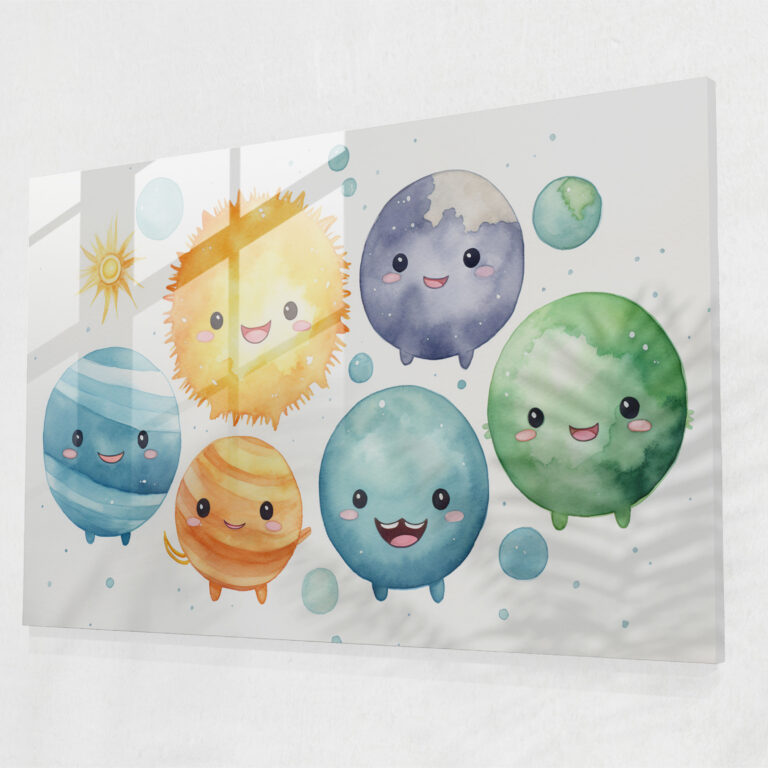 Smiling Planets Glass Print - Earth, Wall Decoration, Whimsical, Glass Wall Art