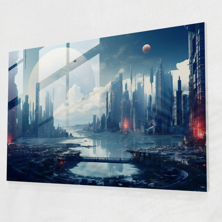 Futuristic Planets Glass Print - Earth, Modern Art, Cityscape, Advanced Technology