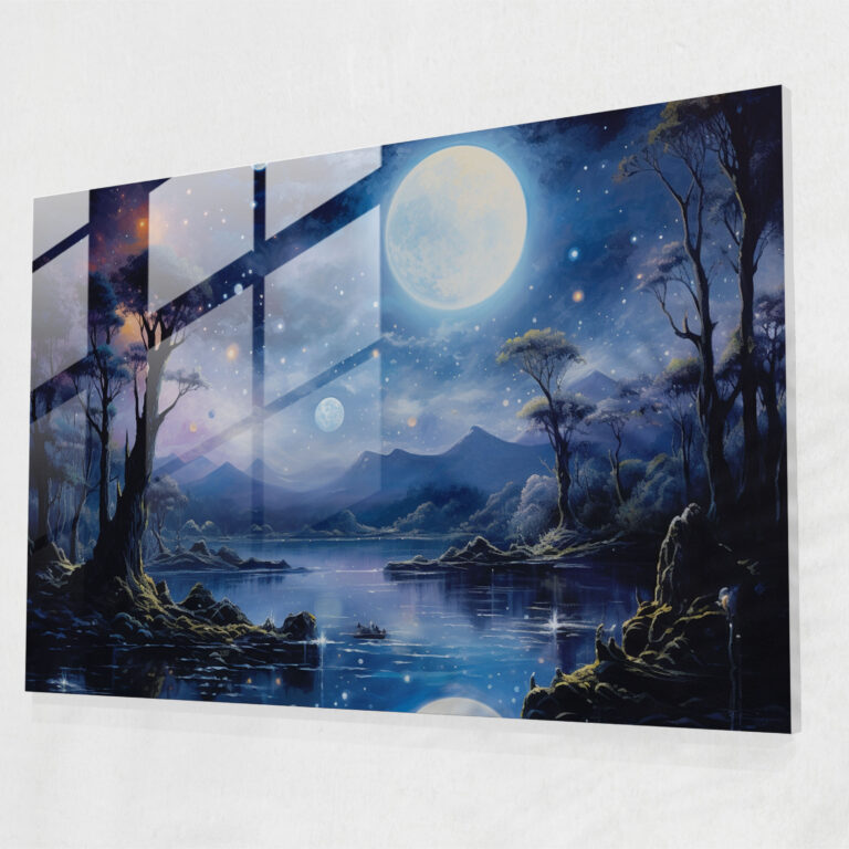 Celestial Planets Glass Print - Earth, Modern Art, Glass Print, Moonlit Landscape