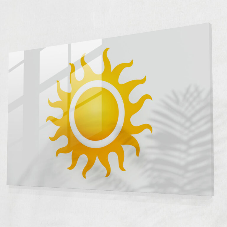 Minimalist Glass Wall Art - Simple Sun Icon On White Background - Earth, Sun Icon, Sun, White Background