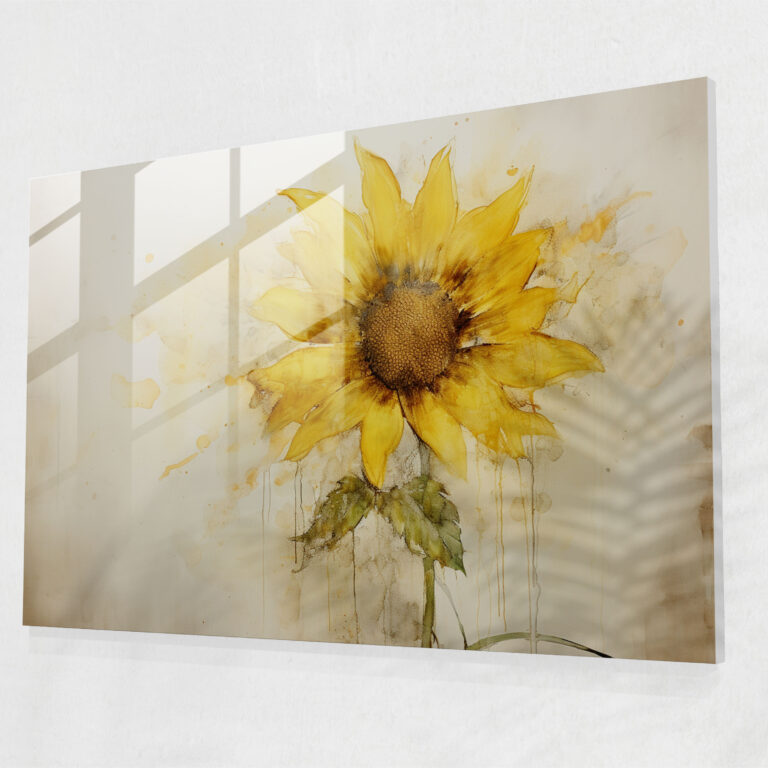 Artistic Glass Print - Hand-Painted Sunflower With Delicate Brushstrokes - Earth, Glass Wall Art, Sunflower, Delicate Brushstrokes